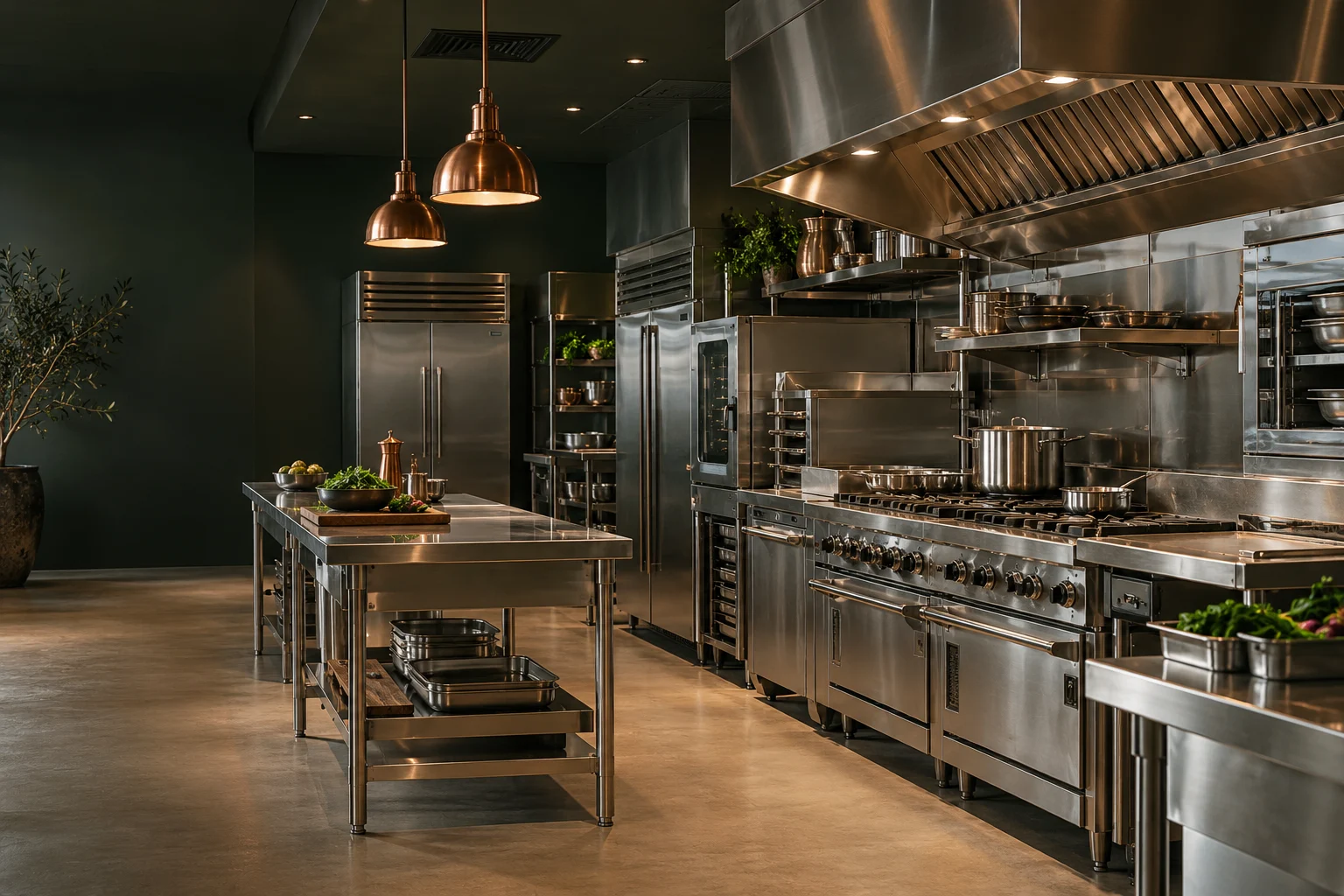 Illustrative commercial kitchen with stainless steel equipment